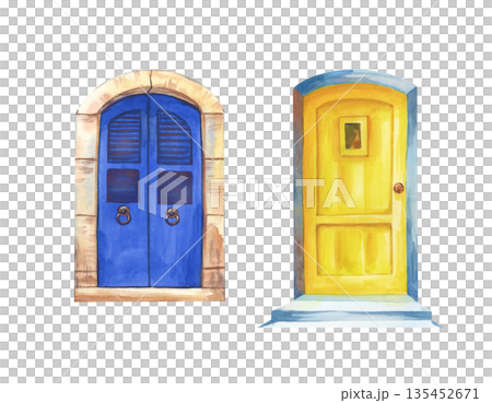 A set with blue and yellow doors on an isolated background. Watercolor illustration with traditional Greek architectural elements for tourism business, printing, icons. 135452671