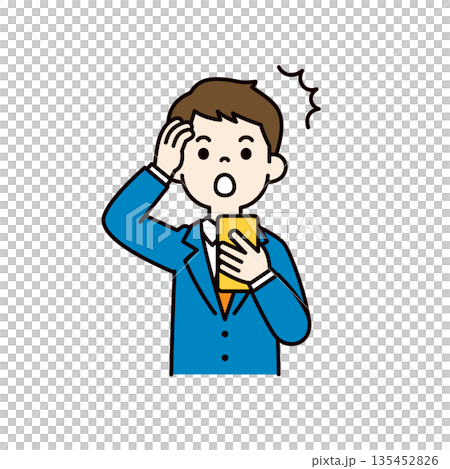 A simple upper body vector illustration of a young businessman surprised at his smartphone screen_Color 135452826