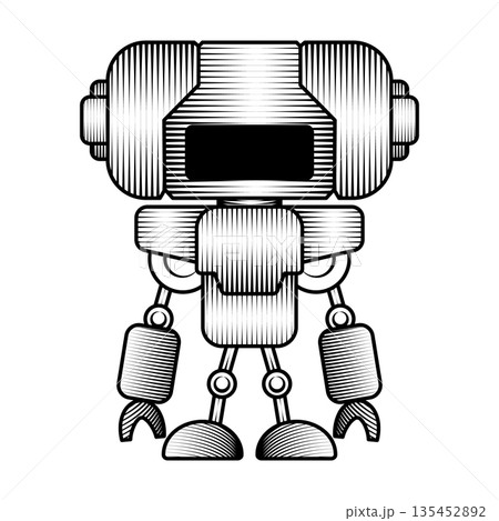 black and white line art illustration standing robot character with mechanical body and big head in retro engraving 135452892