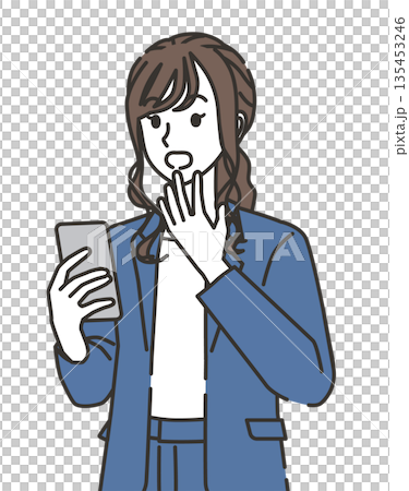 A woman in office casual clothes surprised at her smartphone A woman in office casual clothes surprised at her smartphone 135453246