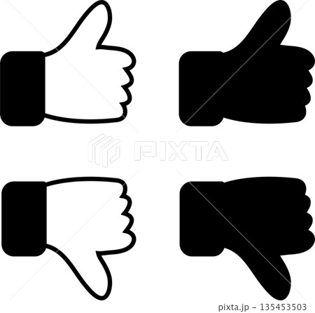 Thumbs Up and Down Feedback Icons: Minimalist Black and White Hand Gesture Symbols for Social Media, Customer Reviews, and App Interface Design Thumbs Up and Down Feedback Icons: Minimalist Black and White Hand Gesture Symbols for Social Media, Customer Reviews, and App Interface Design 135453503