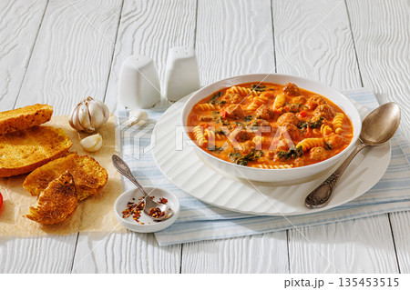 italian Meatball Fusilli Soup with Toast Top View italian Meatball Fusilli Soup with Toast Top View 135453515