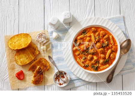 italian Meatball Fusilli Soup with Toast Top View 135453520
