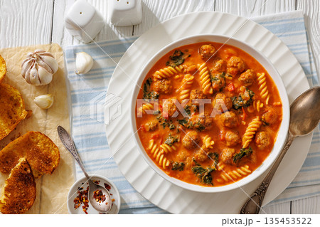 italian Meatball Fusilli Soup with Toast Top View italian Meatball Fusilli Soup with Toast Top View 135453522