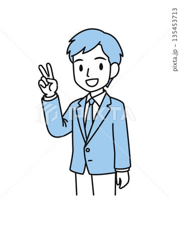 ピースサインをするスーツのビジネスパーソンの男性のイラスト素材 ピースサインをするスーツのビジネスパーソンの男性のイラスト素材 135453713