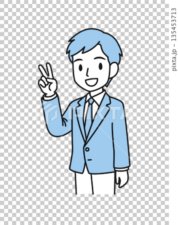 ピースサインをするスーツのビジネスパーソンの男性のイラスト素材 ピースサインをするスーツのビジネスパーソンの男性のイラスト素材 135453713