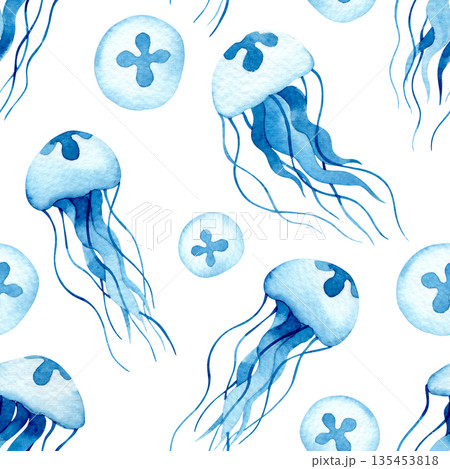 Watercolor seamless pattern with blue jellyfish. Mediterranean vacation. Watercolor seamless pattern with blue jellyfish. Mediterranean vacation. 135453818