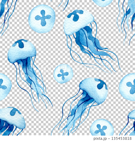 Watercolor seamless pattern with blue jellyfish. Mediterranean vacation. Watercolor seamless pattern with blue jellyfish. Mediterranean vacation. 135453818