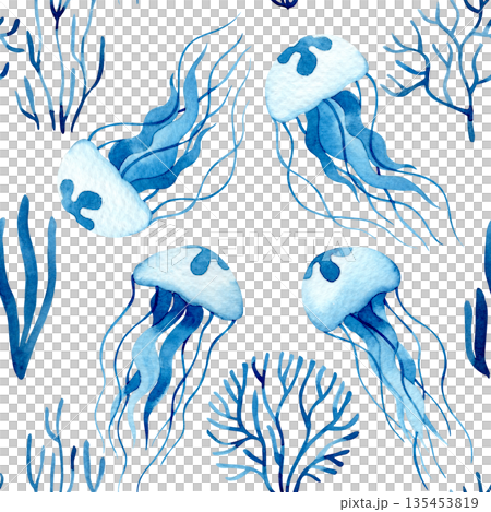 Watercolor seamless pattern with blue jellyfish. Mediterranean vacation. Watercolor seamless pattern with blue jellyfish. Mediterranean vacation. 135453819