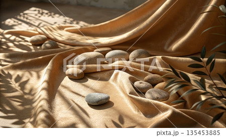 Golden draped velvet fabric with smooth stones and sunlight evoking serenity and luxury 135453885