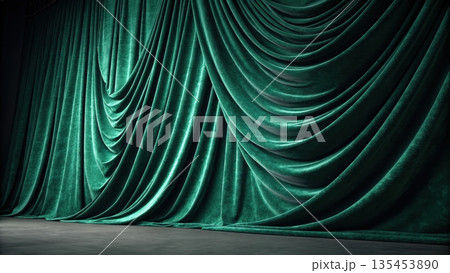 Luxurious dark green velvet curtains drape across a stage Luxurious dark green velvet curtains drape across a stage 135453890