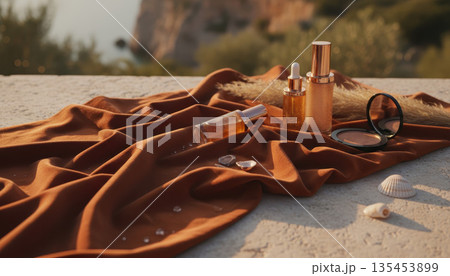 Luxury skincare products arranged on draped fabric outdoors 135453899
