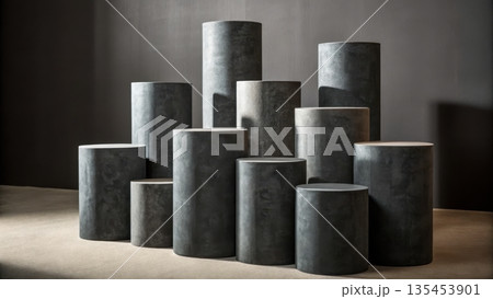 Modern arrangement of dark gray textured cylindrical pedestals Modern arrangement of dark gray textured cylindrical pedestals 135453901