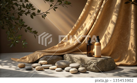 Serene display of cosmetic bottles on rocks with elegant velvet backdrop 135453902