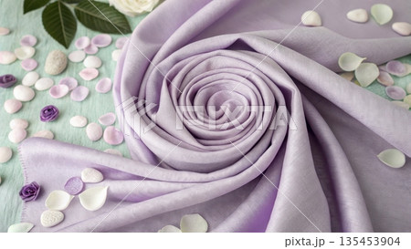 Soft lilac fabric swirled into a rose shape with scattered petals and floral accents 135453904
