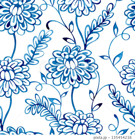 Watercolor illustration. Seamless pattern of blue floral ornaments in folk style. Watercolor illustration. Seamless pattern of blue floral ornaments in folk style. 135454216