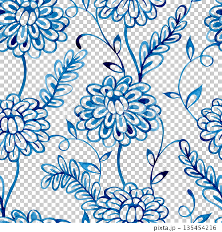 Watercolor illustration. Seamless pattern of blue floral ornaments in folk style. Watercolor illustration. Seamless pattern of blue floral ornaments in folk style. 135454216
