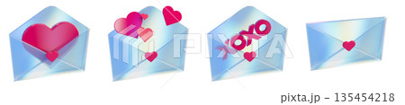 3D love letter envelope set, Valentine day romantic mail sign render, holiday heart seal, gift icon. 135454218