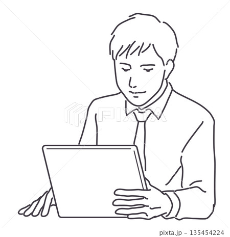 タブレットを見るネクタイ姿の男性　線のみ 135454224