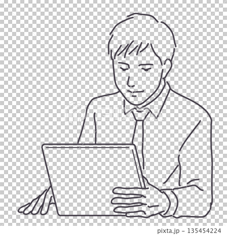 タブレットを見るネクタイ姿の男性　線のみ 135454224