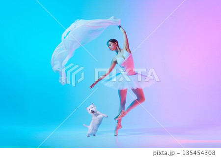Composition of ballet dancer with dog creating expressive movement 135454308