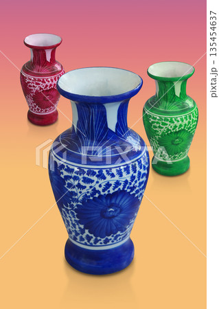Three colored vases, three sizes, on gradient pink and orange background, object, decor, fashion, flower, keep, copy space Three colored vases, three sizes, on gradient pink and orange background, object, decor, fashion, flower, keep, copy space 135454637