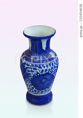 top view white and blue ceramic vase on gradient purple and green background, object, decor, flower, fashion, decoration, copy space 135454638