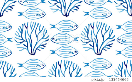 Seamless pattern with sea fish. Watercolor print with blue abstract fish. 135454663
