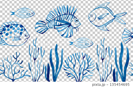 Seamless border of sea fish and seaweed. Watercolor frame with blue abstract fish. Seamless border of sea fish and seaweed. Watercolor frame with blue abstract fish. 135454695
