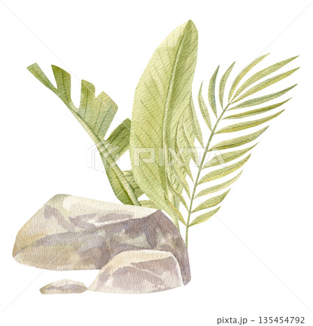 Hand-painted watercolor composition with smooth gray stones, banana leaves, and tropical plants. Hand-painted watercolor composition with smooth gray stones, banana leaves, and tropical plants. 135454792