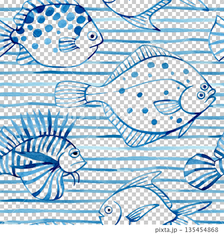 Seamless watercolor pattern with blue fish on a striped background. Watercolor illustration 135454868