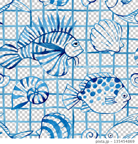 Seamless watercolor pattern with blue fish on a checkered background. Watercolor illustration Seamless watercolor pattern with blue fish on a checkered background. Watercolor illustration 135454869
