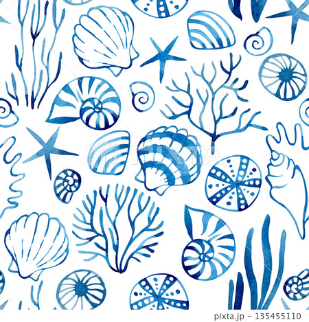 Seamless pattern with blue seaweed and shell. Watercolor illustration. Seamless pattern with blue seaweed and shell. Watercolor illustration. 135455110