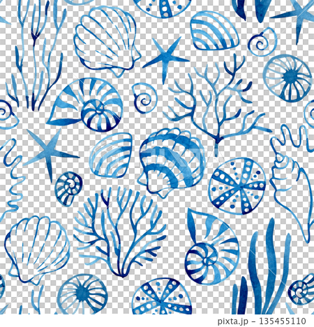 Seamless pattern with blue seaweed and shell. Watercolor illustration. Seamless pattern with blue seaweed and shell. Watercolor illustration. 135455110