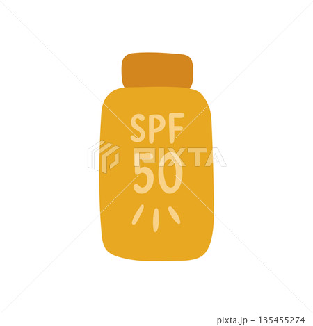 Flat sunscreen bottle illustration marked SPF 50, designed for skin protection topics, summer safety guides, and sun care awareness visuals 135455274