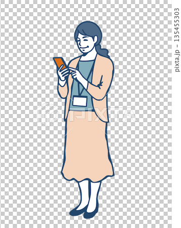 商業插圖，描繪一位女性操作智慧型手機的全身像 135455303