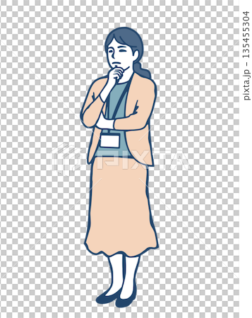 考え込む女性スタッフのビジネスイラスト　企画検討・判断シーン 135455304
