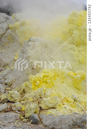 Geothermal fumarole field on a volcano slope in the Kuril Islands. Hot steam vents and bright yellow sulfur deposits. Geothermal fumarole field on a volcano slope in the Kuril Islands. Hot steam vents and bright yellow sulfur deposits. 135455742