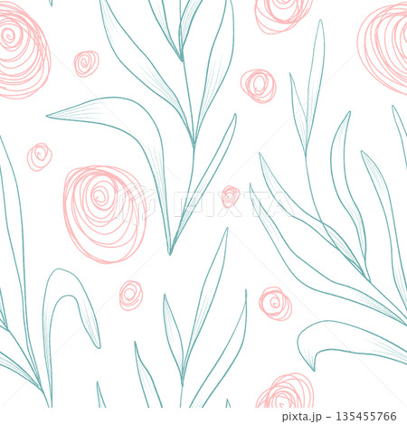 Seamless outline pattern with circles and leaves. PNG on a transparent background 135455766