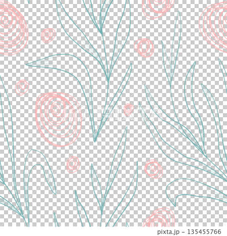 Seamless outline pattern with circles and leaves. PNG on a transparent background 135455766