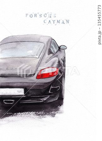 A watercolor drawing of a Porsche Cayman for your interior Hand-drawn 135455773