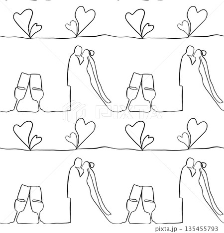 Seamless pattern with contours of hearts and couples in love on a white background. wedding Seamless pattern with contours of hearts and couples in love on a white background. wedding 135455793