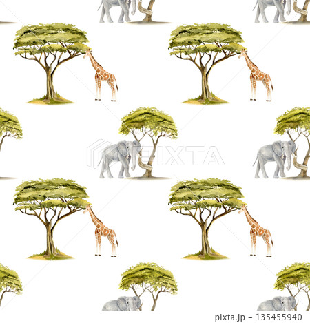 Seamless watercolor safari pattern with elephant and giraffe near acacia trees.  135455940