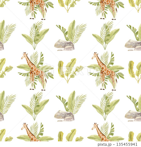 Seamless Watercolor Safari Pattern. Giraffe with Tropical Leaves and Smooth Stones 135455941