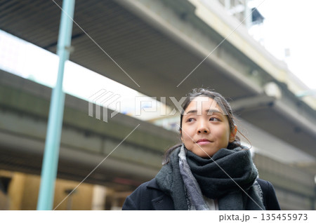 冬の屋外を歩くマフラーをした女性 135455973