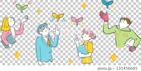 展望未來，探索未來：工人們指向閃耀的花蕾的插圖。 「閃耀的花蕾孕育未來」系列。 135456085