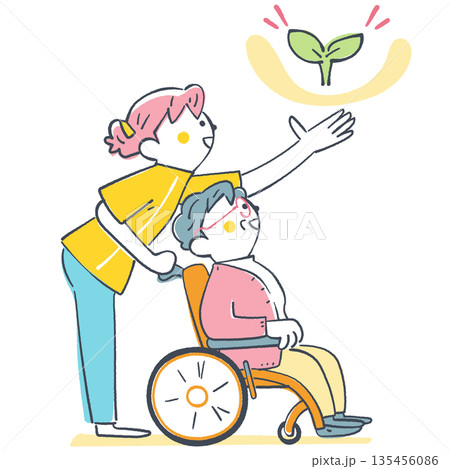 車椅子のお年寄りと介護士が見上げる希望 福祉と共生のイラスト 未来を育てる光る芽シリーズ 車椅子のお年寄りと介護士が見上げる希望 福祉と共生のイラスト 未来を育てる光る芽シリーズ 135456086