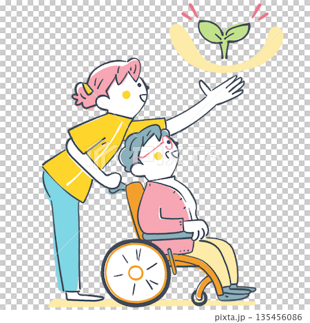 一位坐在輪椅上的老人和他的護理人員抬頭望向希望。這是關於福祉和共存的插圖。 「閃耀未來之芽」系列。 135456086