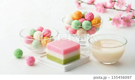 ひな祭りの和菓子 雛あられと菱餅 桃の花 桃の節句 背景素材 コピースペース 日本の伝統行事 春 135456097