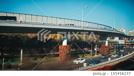 Elevated highway bridge over autumn park in Beijing with traffic and modern urban infrastructure Elevated highway bridge over autumn park in Beijing with traffic and modern urban infrastructure 135456237